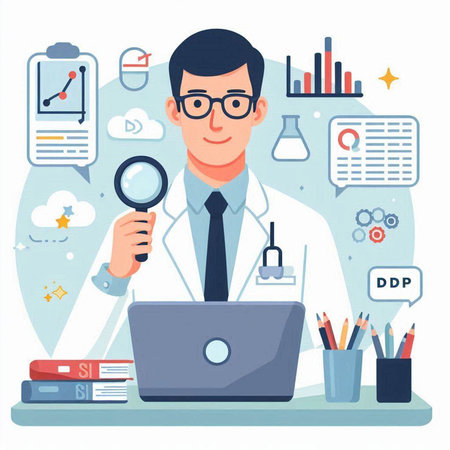 Male doctor with a magnifying glass in his hands. Vector illustrationのイラスト素材