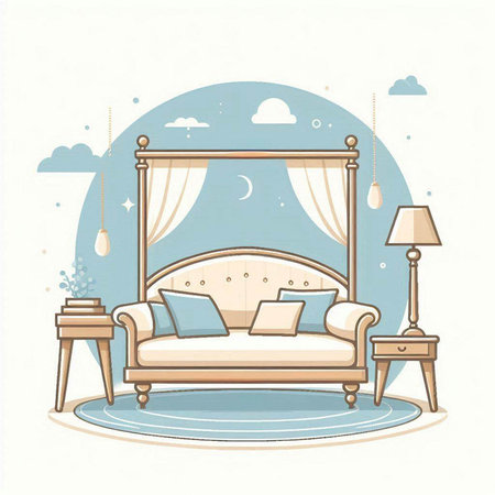 Vector illustration of a bedroom with a sofa, a bedside table and a lampのイラスト素材