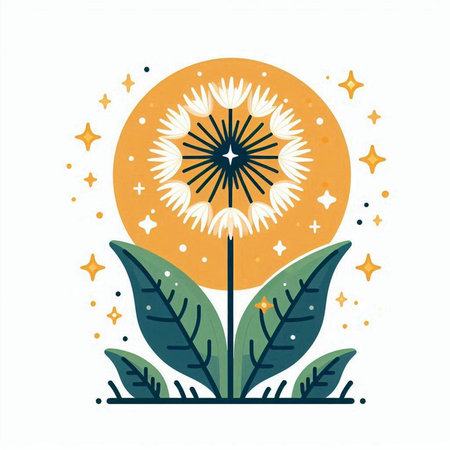 dandelion flower with leaves and stars, vector illustration in flat styleのイラスト素材