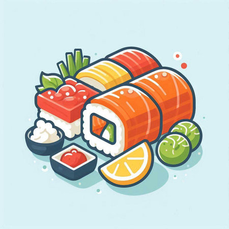 Illustration of sushi and rolls in flat design style. Vector illustrationのイラスト素材