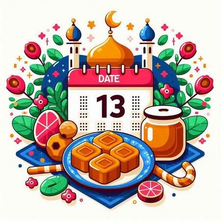 Vector illustration of Ramadan Kareem greeting card with calendar, dates, food, and sweets.のイラスト素材