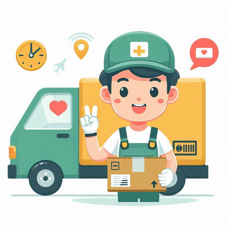 Courier with box and truck. Delivery service concept. Vector illustrationのイラスト素材