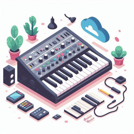 Music studio isometric composition with electronic instruments and equipment on white background vector illustrationのイラスト素材
