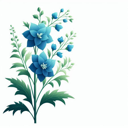 Blue flowers with green leaves isolated on white background. Vector illustration.のイラスト素材