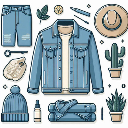 Vector illustration of men's clothing and accessories in doodle styleのイラスト素材