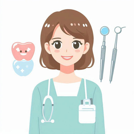 Dentist woman with tooth and dental tools. Vector illustration.のイラスト素材