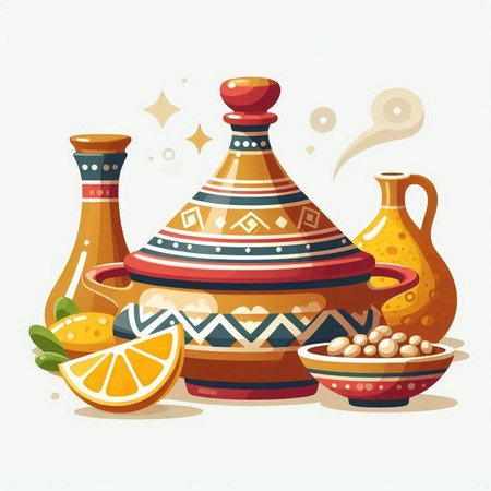 Vector illustration of clay vase with olive oil, lemon and spices.のイラスト素材