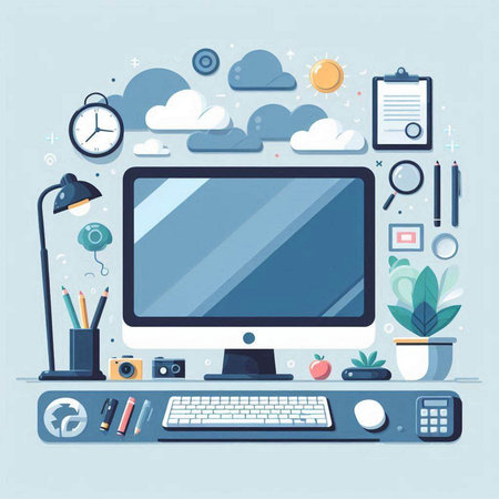 Flat design modern vector illustration concept of working space with computer and office suppliesのイラスト素材