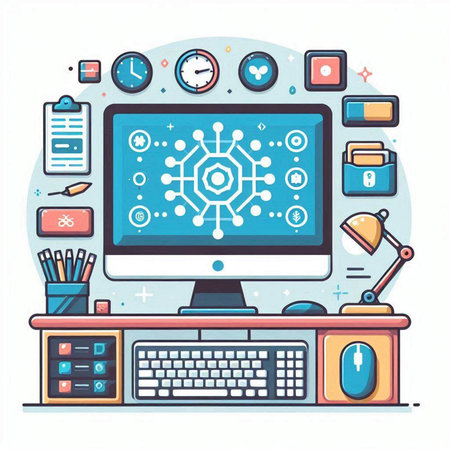 Workplace with computer and icons of social networks. Flat vector illustration.のイラスト素材