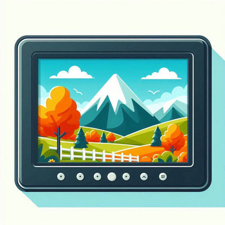 Illustration of a digital tablet with an autumn landscape on the screenのイラスト素材
