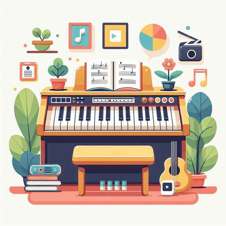 Piano and musical instruments in flat design style. Vector illustration.のイラスト素材
