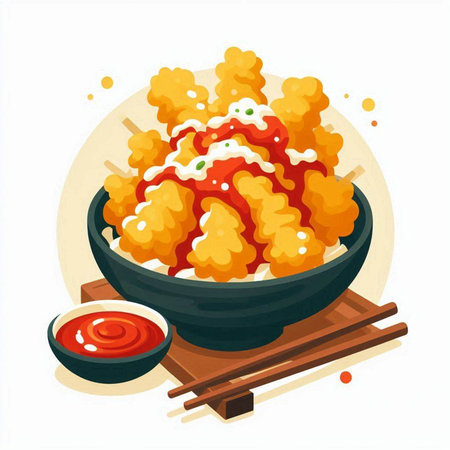 Illustration of japanese food tempura in bowl with sauceのイラスト素材