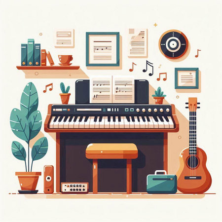 Musical instruments flat vector illustration. Piano, synthesizer, guitar, notes, books and plants in the room.のイラスト素材