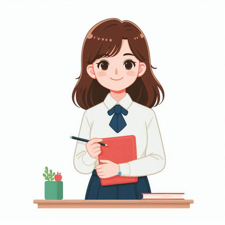 Cute schoolgirl in uniform writing in notebook. Vector illustration.のイラスト素材