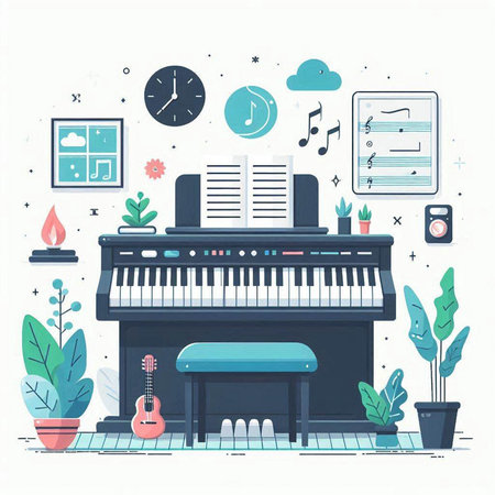 Music concept with piano keyboard and musical notes. Vector illustration in flat styleのイラスト素材