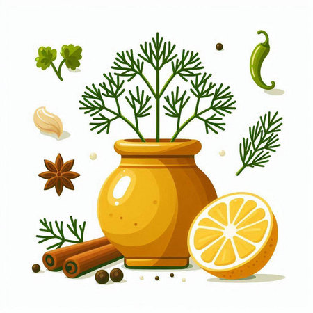 Dill, lemon and spices in a clay jar. Vector illustration.のイラスト素材