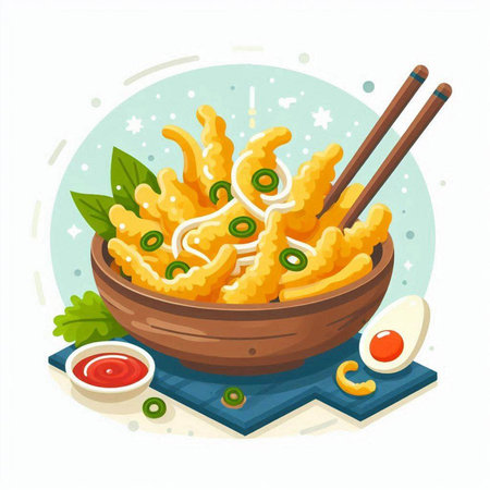 Noodles in wooden bowl with chopsticks and tomato sauce. Vector illustration.のイラスト素材