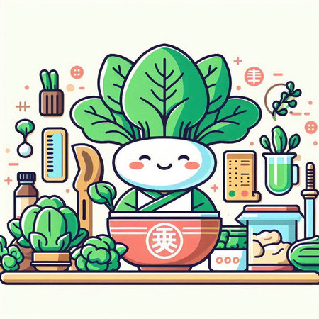 Vector illustration of cute kawaii kawaii kawaii kawaii character with vegetables in bowl in modern flat line style.のイラスト素材