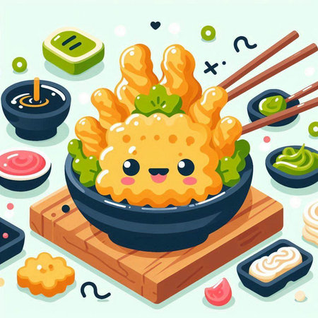 Cartoon vector illustration of kawaii fried tempura with wasabi and gingerのイラスト素材