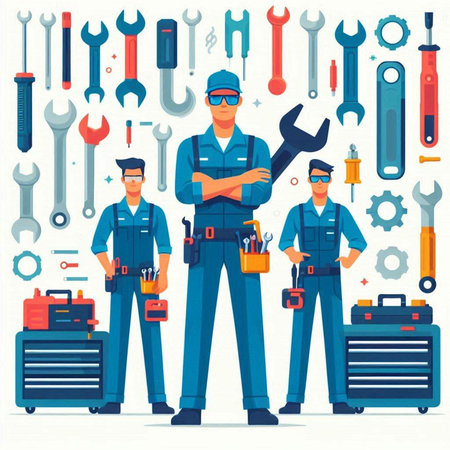 Repairman team with tools. Mechanic, plumber, mechanic, repairman. Vector illustrationのイラスト素材