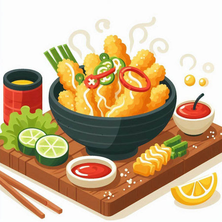 Illustration of a bowl of Tempura with sauce and chopsticksのイラスト素材