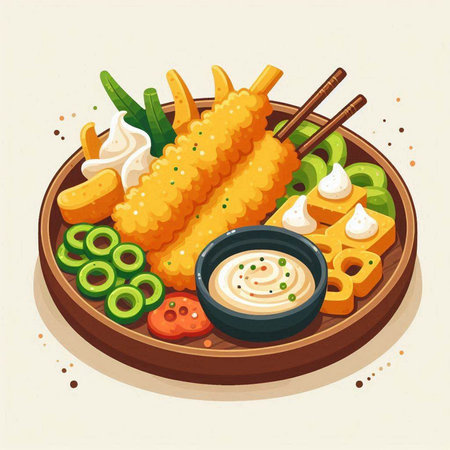 Vector Illustration of Grilled Corn with Sesame and Sauce on Wooden Plateのイラスト素材
