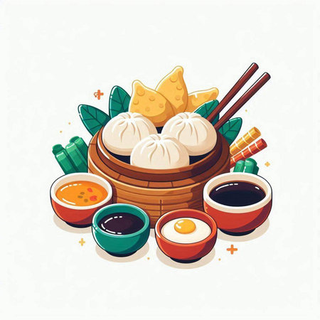 Vector illustration of dumplings in a bowl with chopsticks.のイラスト素材
