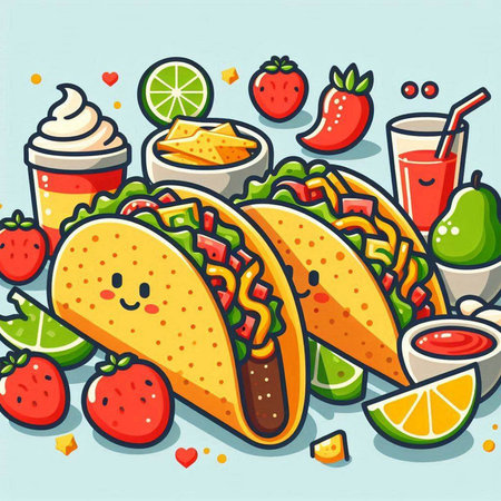 Mexican food vector illustration. Taco, tacos, ice cream, lime, strawberry, strawberry.のイラスト素材