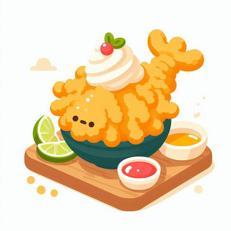 Cute kawaii kawaii kawaii kawaii fried chicken with whipped cream and sauce. Vector illustrationのイラスト素材