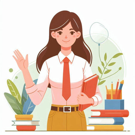Girl student with books and notebook. Vector illustration in flat style.のイラスト素材