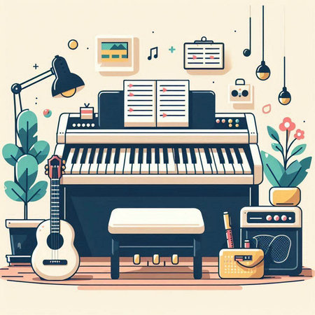 Piano and musical instruments in the living room. Vector illustration.のイラスト素材