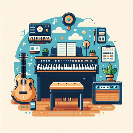 Music concept. Vector illustration in flat design style with musical instruments and music equipment.のイラスト素材