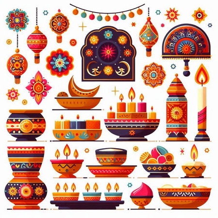 Indian festival Diwali, Diwali decorative objects. Diwali diya and burning candles, vector illustrationのイラスト素材