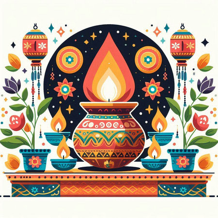 Indian Festival Diwali greeting card with burning diya. Vector illustrationのイラスト素材