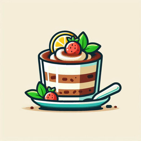 Chocolate cake with cream and strawberries. Vector illustration in cartoon style.のイラスト素材