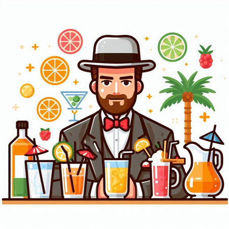 Bartender with cocktails. Vector illustration in flat style isolated on white background.のイラスト素材