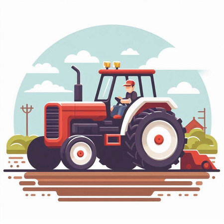 Tractor in the field. Vector illustration in flat cartoon style.のイラスト素材