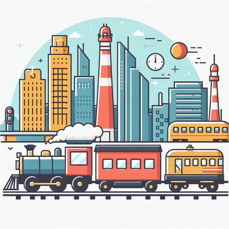 Vector illustration of train, locomotive, lighthouse, train station.のイラスト素材