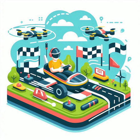 Isometric vector illustration of quadcopter driving racing car on roadのイラスト素材