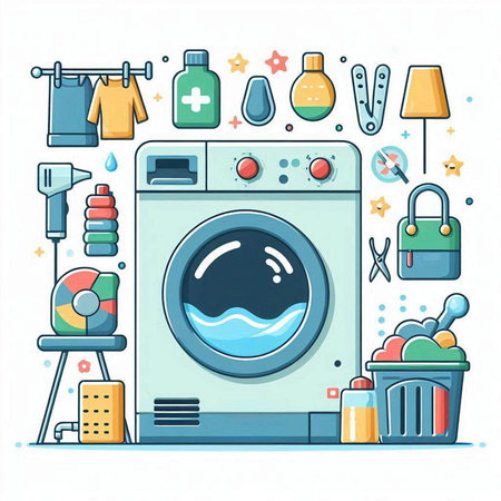 Washing machine, laundry and cleaning equipment. Flat vector illustration.のイラスト素材