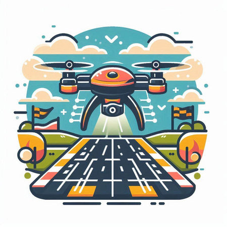 Drone flying on the road. Vector illustration in flat style.のイラスト素材