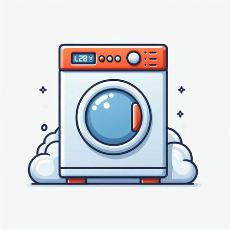 Vector illustration of washing machine with cloud on white background. Line art style.のイラスト素材