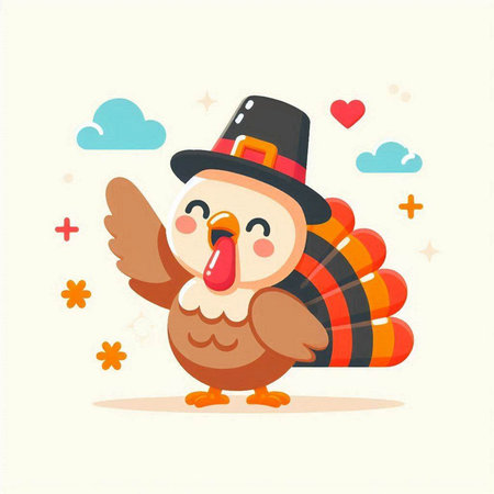 Thanksgiving day vector illustration. Cute cartoon turkey in hat and scarf.のイラスト素材