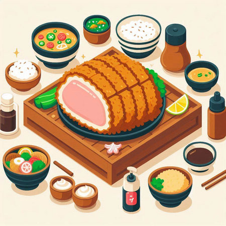 Japanese cuisine isometric composition with traditional food on wooden board vector illustrationのイラスト素材