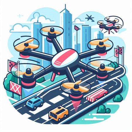 Drone quadcopter flying in the city. Vector illustration.のイラスト素材