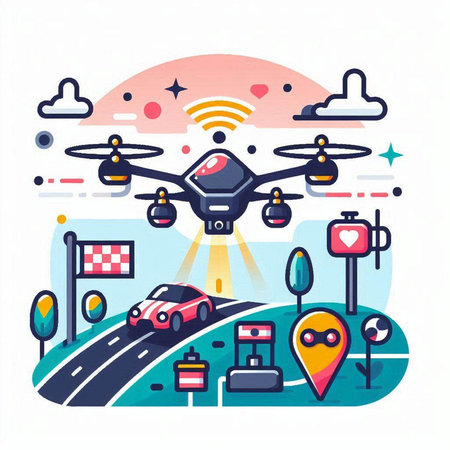 Drone flying on the road. Vector illustration in flat style.のイラスト素材