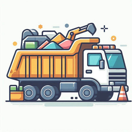 Garbage truck. Colorful vector illustration in flat line style.のイラスト素材
