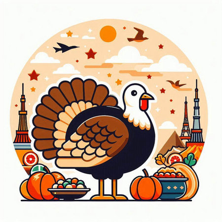 Thanksgiving day. Vector illustration in flat style with turkey and pumpkin.のイラスト素材