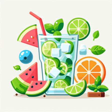 Cocktail with lime, watermelon and mint. Vector illustrationのイラスト素材