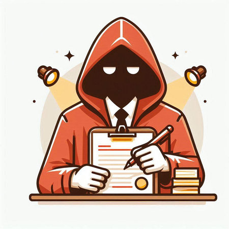 Hacker in a red suit with a clipboard. Vector illustration.のイラスト素材